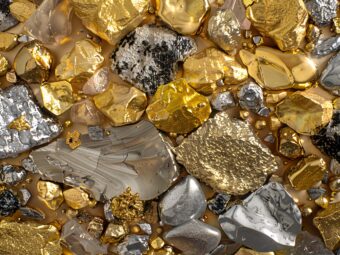 a group of gold and silver rocks